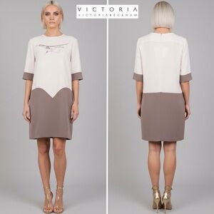 Victoria Beckham VVB Colorblock Bird Shift Dress US 2 Ivory Taupe Mod Luxury